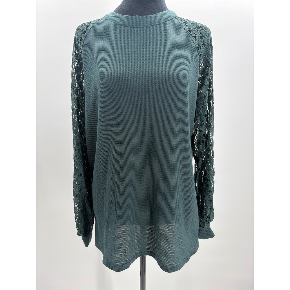 Miholl Womens Forest Green Waffle Knit Top Lace Raglan Sleeve Size L A0010822